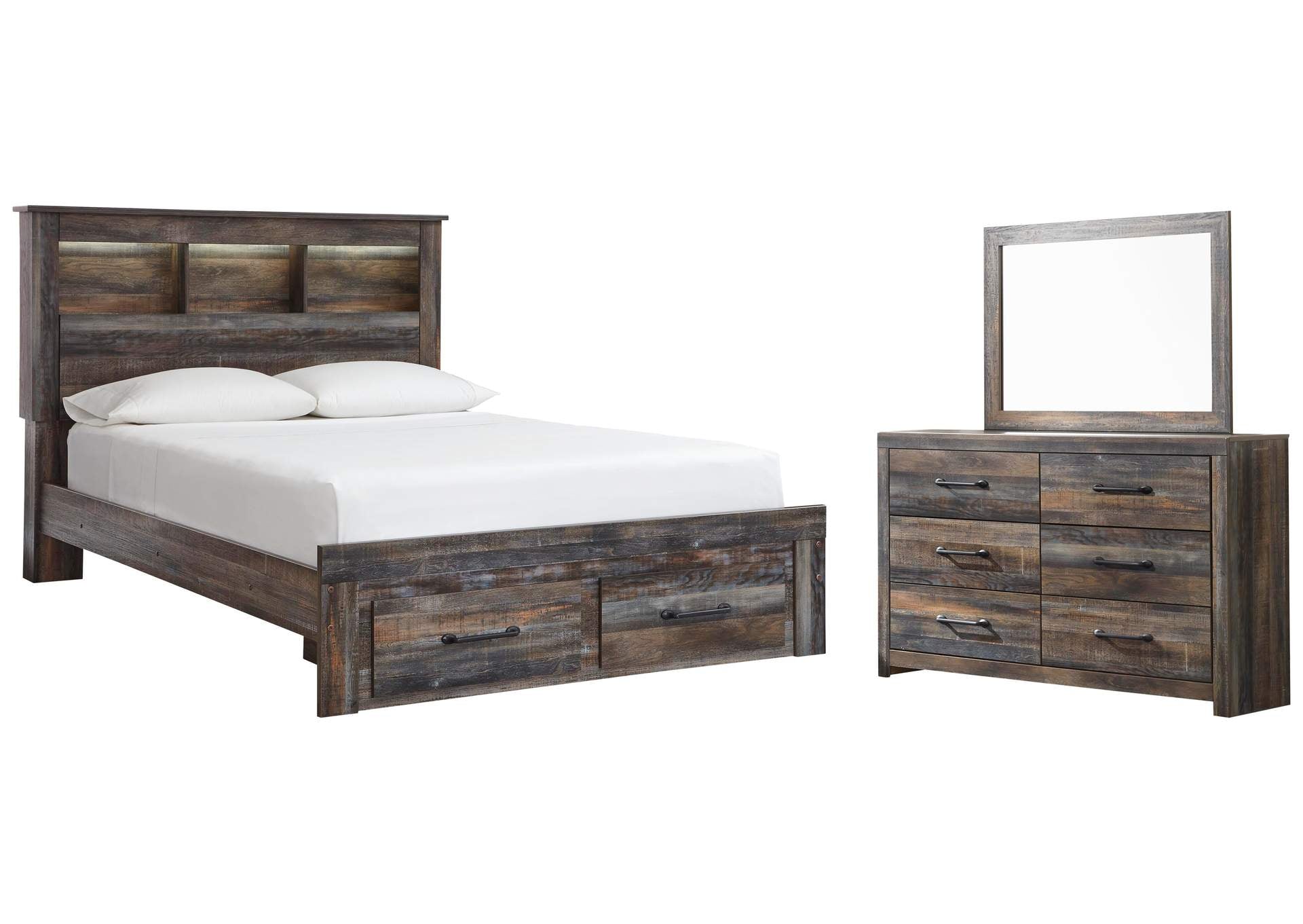 Drystan Queen Bookcase Bed with 2 Storage Drawers with Mirrored Dresser