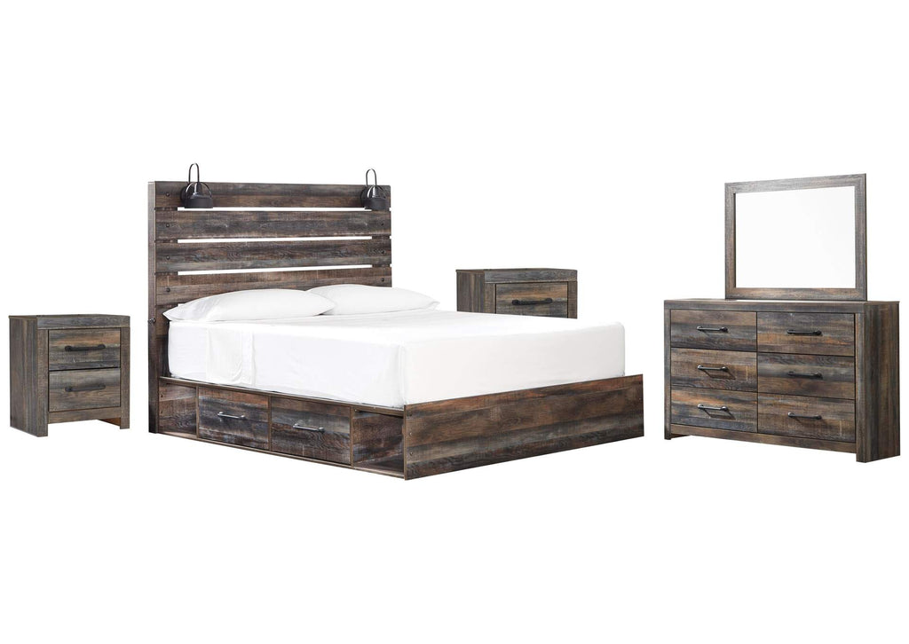 Drystan King Panel Bed with 4 Storage Drawers with Mirrored Dresser and 2 Nightstands