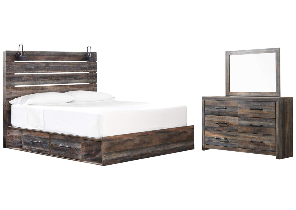 Drystan King Panel Bed with 4 Storage Drawers with Mirrored Dresser