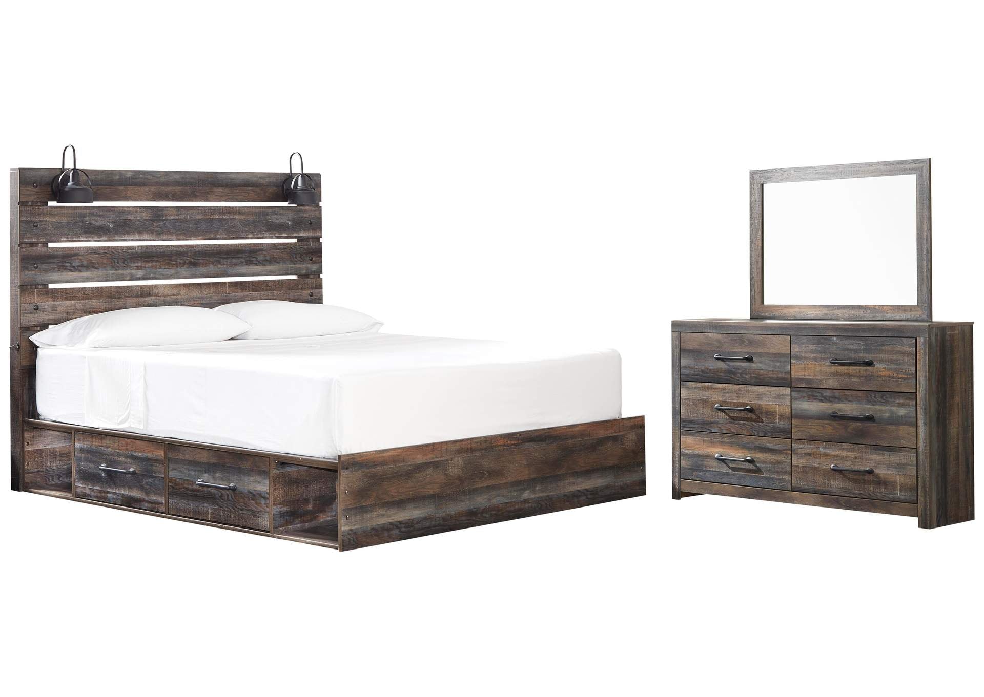 Drystan King Panel Bed with 4 Storage Drawers with Mirrored Dresser