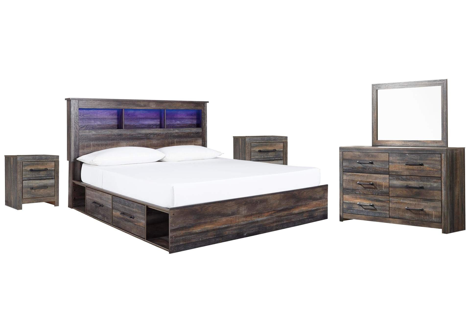 Drystan King Bookcase Bed with 2 Storage Drawers with Mirrored Dresser and 2 Nightstands