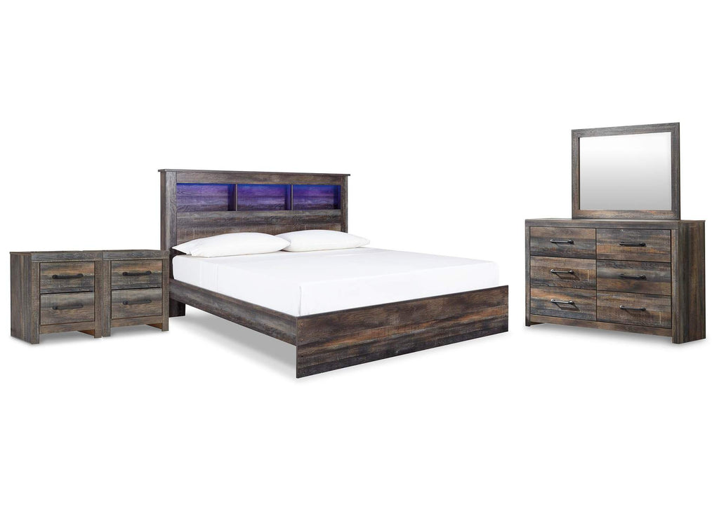 Drystan King Panel Bookcase Bed with Mirrored Dresser and 2 Nightstands
