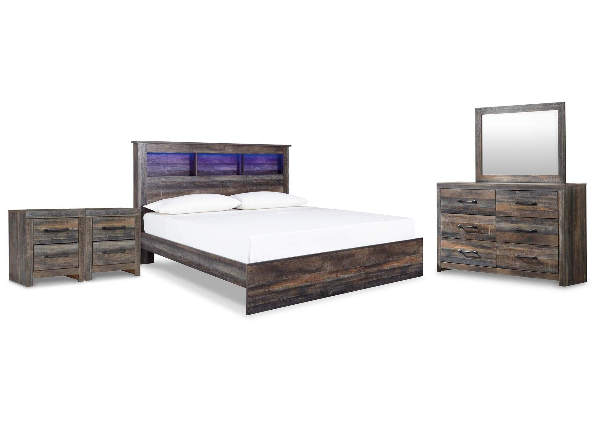 Drystan King Panel Bookcase Bed with Mirrored Dresser and 2 Nightstands