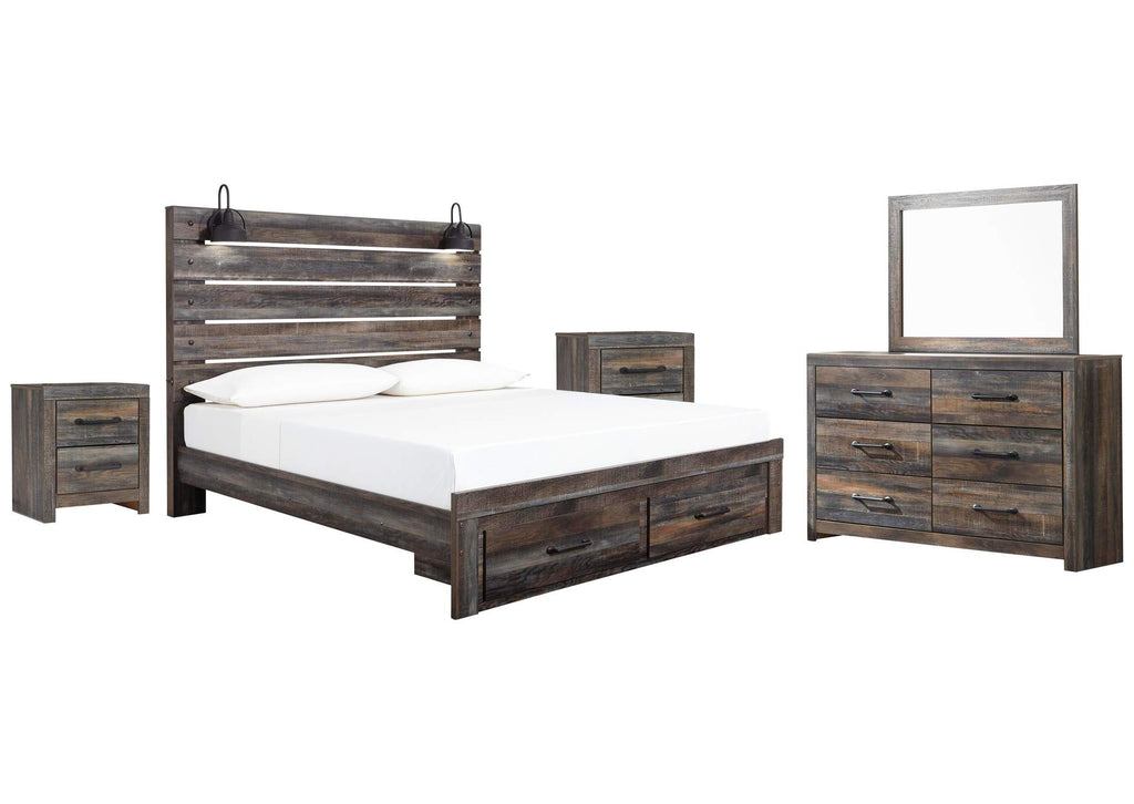 Drystan King Panel Bed with Storage with Mirrored Dresser and 2 Nightstands