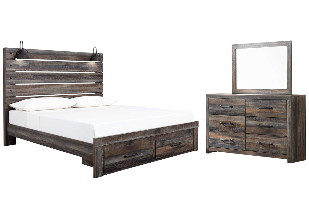 Drystan King Panel Bed with Storage with Mirrored Dresser