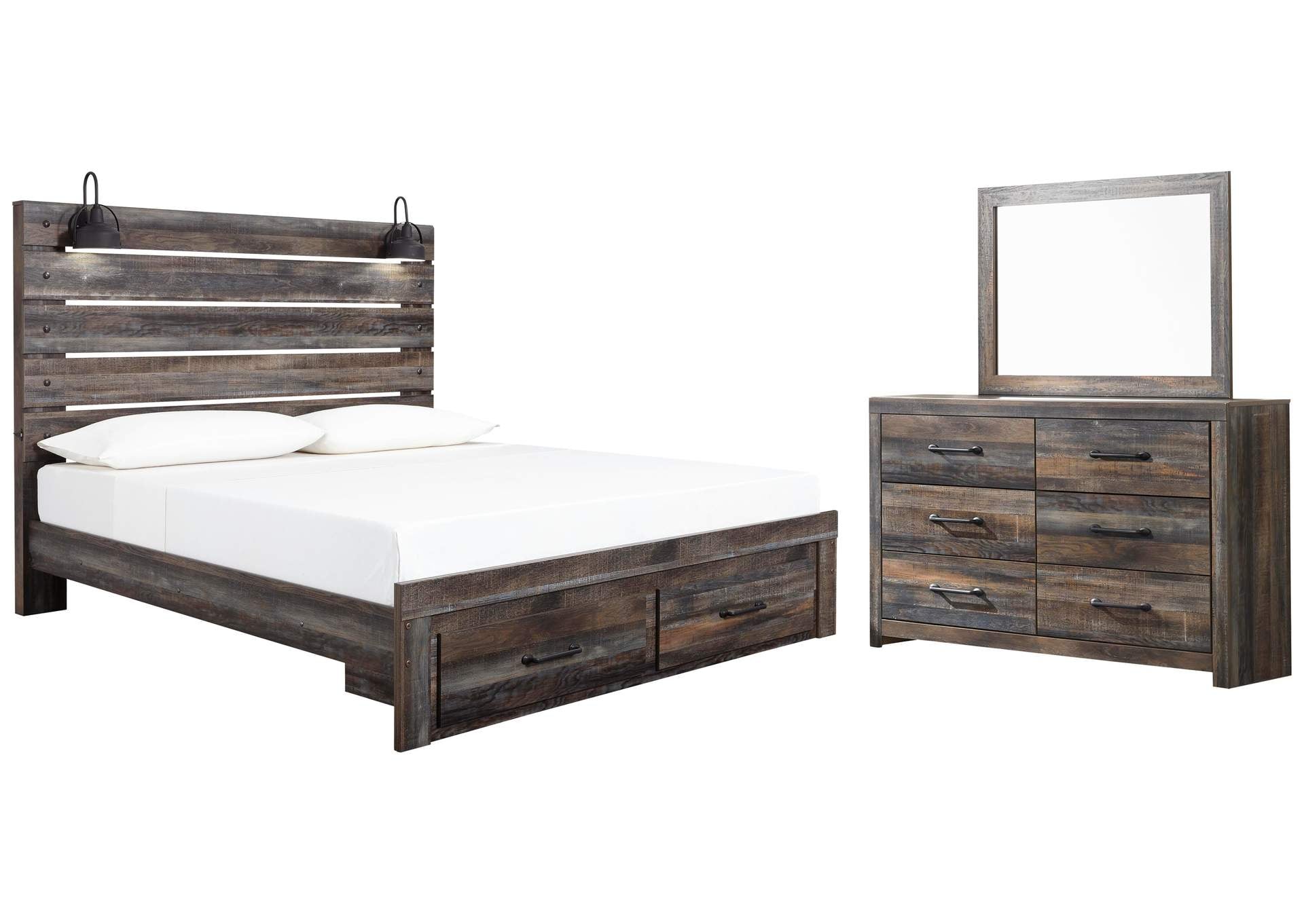 Drystan King Panel Bed with Storage with Mirrored Dresser