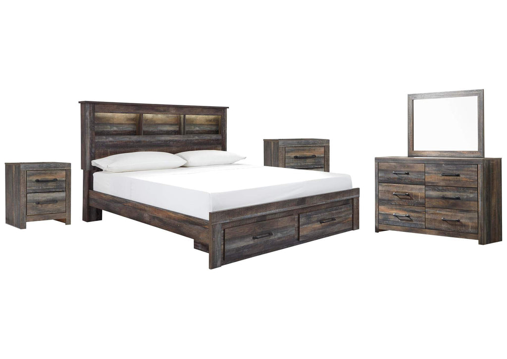 Drystan King Bookcase Bed with 2 Storage Drawers with Mirrored Dresser and 2 Nightstands