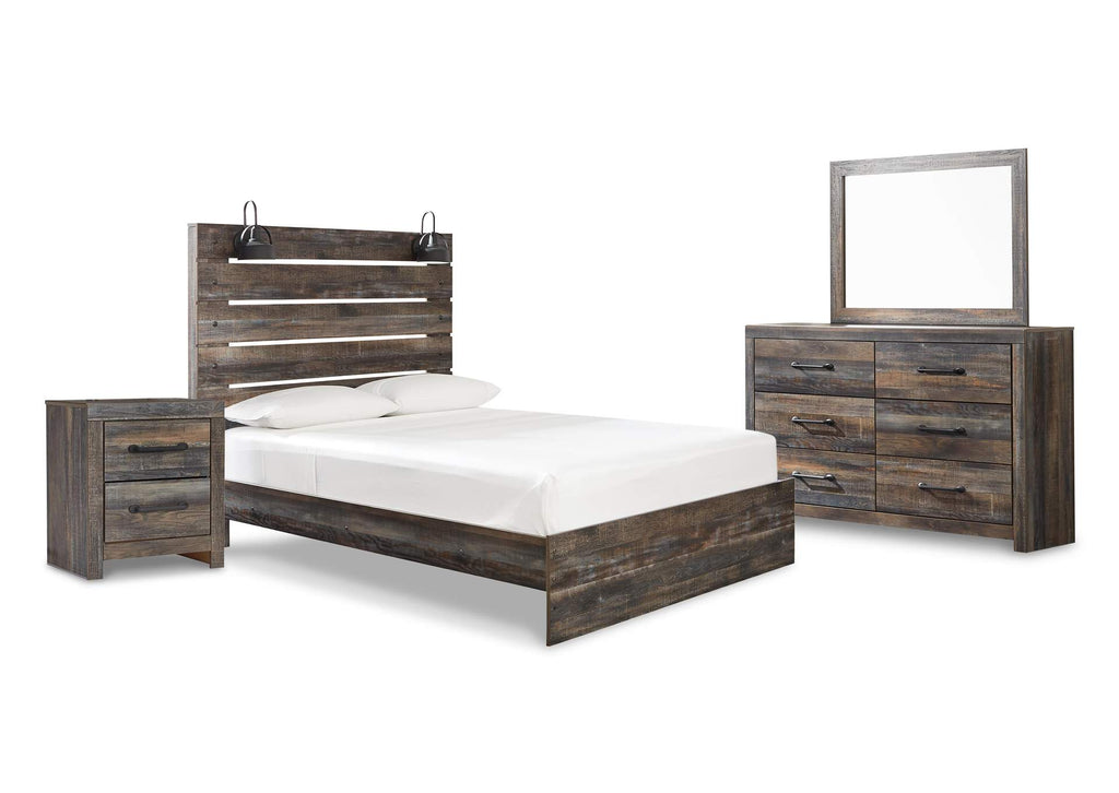 Drystan Queen Panel Bed with Mirrored Dresser and Nightstand