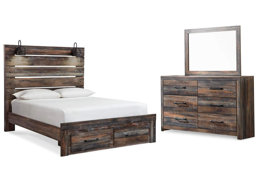 Drystan Queen Panel Bed with 2 Storage Drawers with Mirrored Dresser