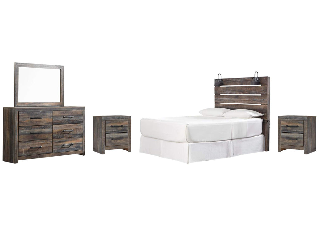 Drystan Queen Panel Headboard Bed with Mirrored Dresser and 2 Nightstands