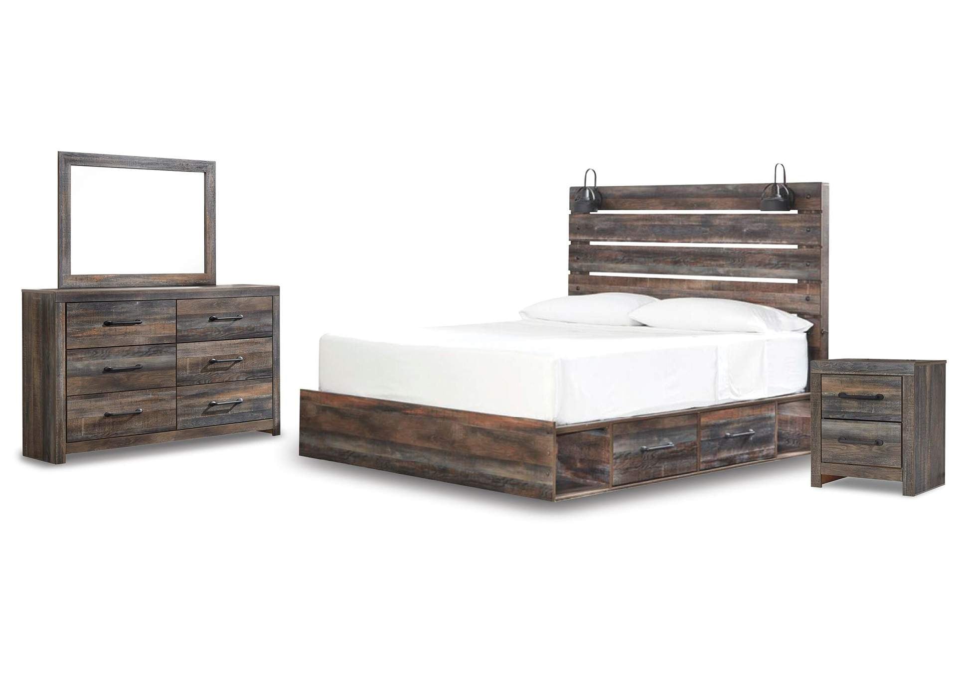 Drystan King Panel Bed with 2 Storage Drawers with Mirrored Dresser and Nightstand