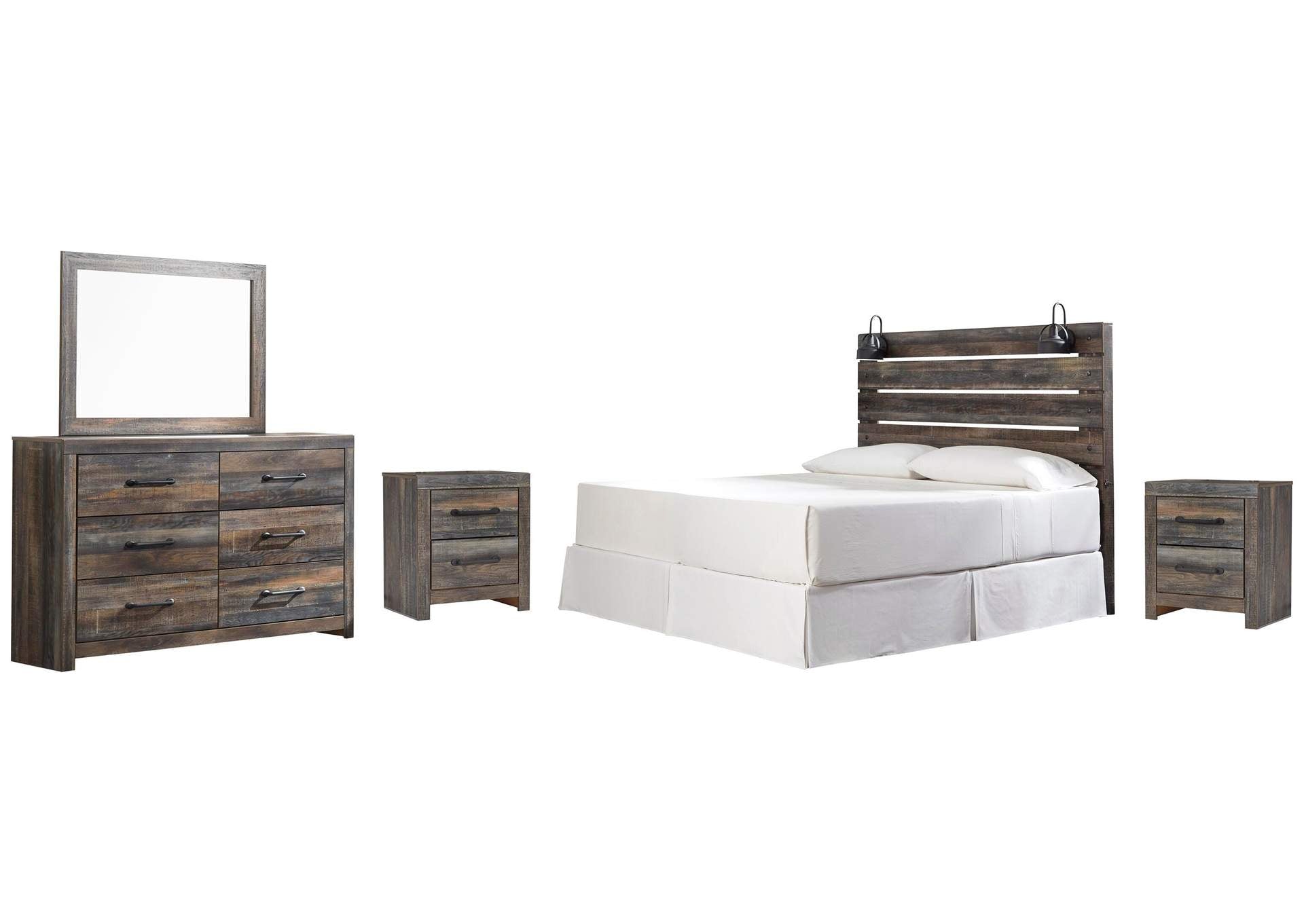 Drystan King Panel Headboard Bed with Mirrored Dresser and 2 Nightstands