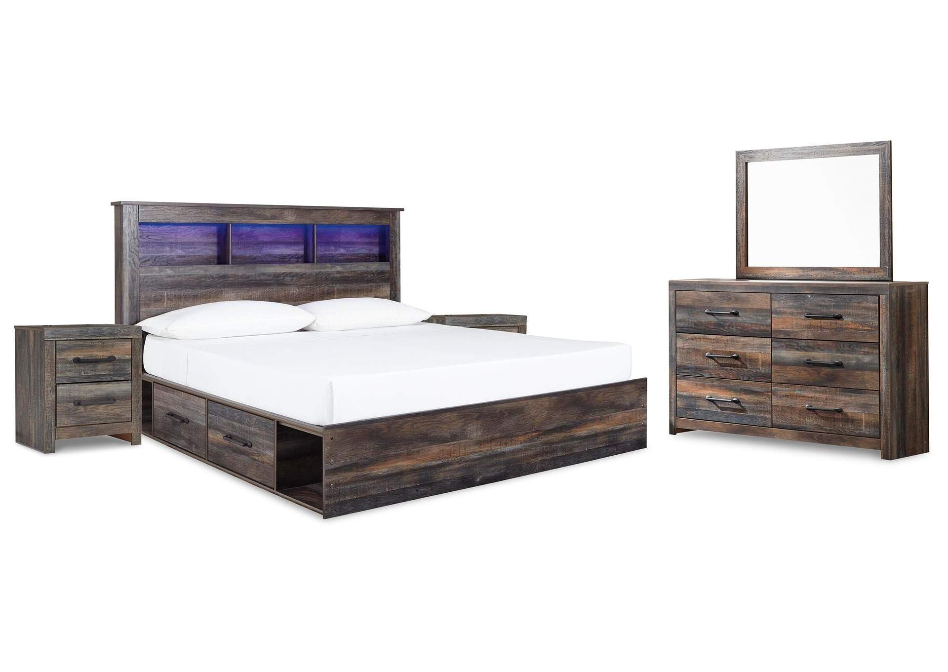 Drystan King Bookcase Bed with 4 Storage Drawers with Mirrored Dresser and 2 Nightstands