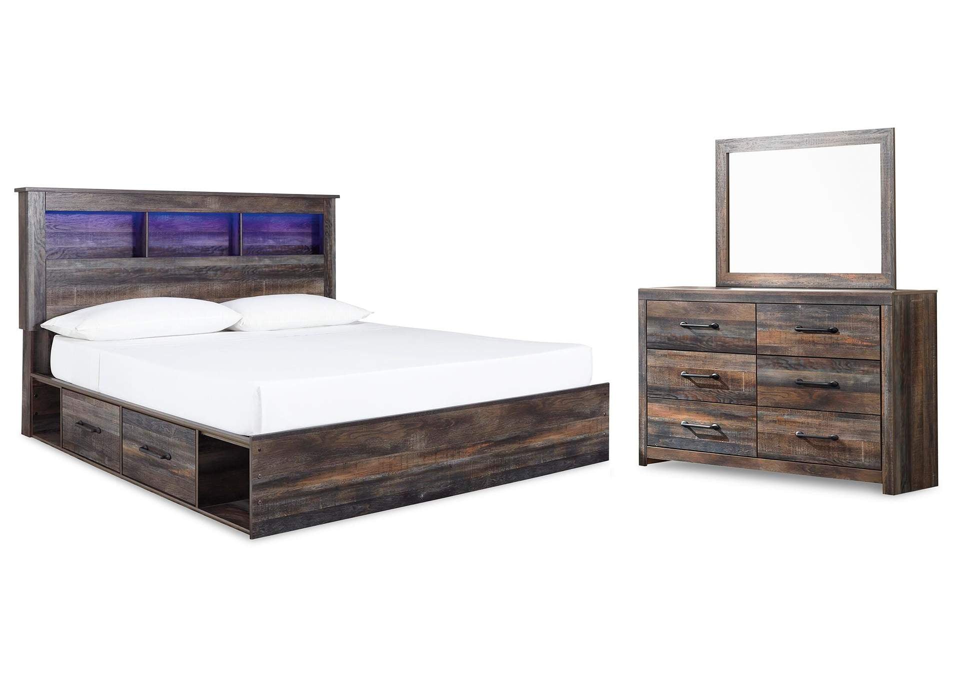 Drystan King Bookcase Bed with 4 Storage Drawers with Mirrored Dresser