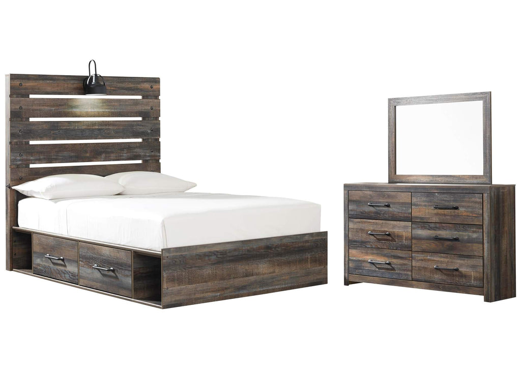 Drystan Full Panel Bed with 2 Storage Drawers with Mirrored Dresser