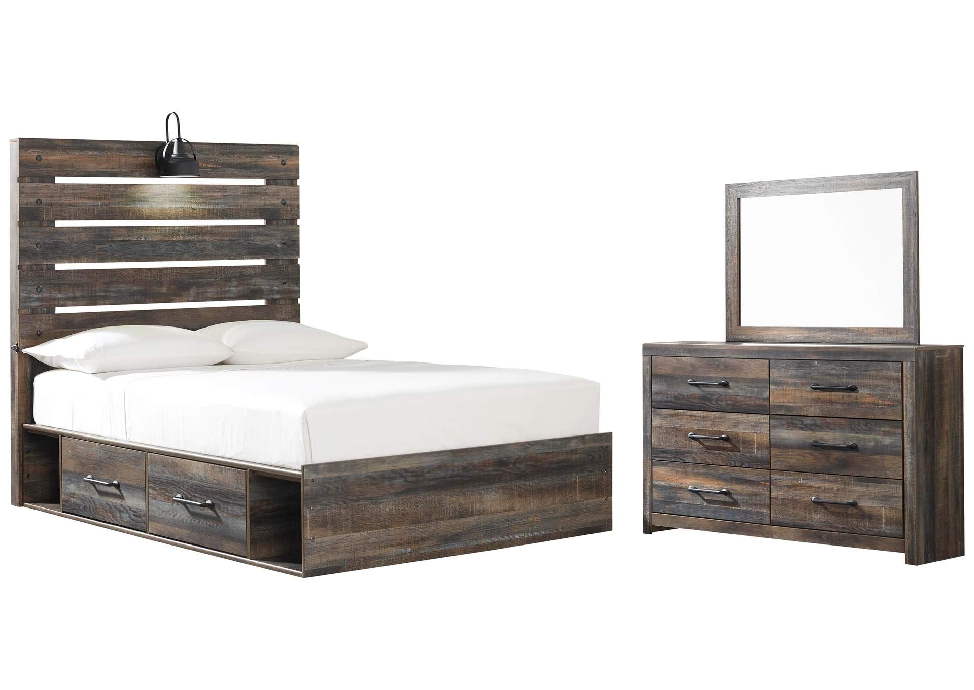 Drystan Full Panel Bed with 2 Storage Drawers with Mirrored Dresser