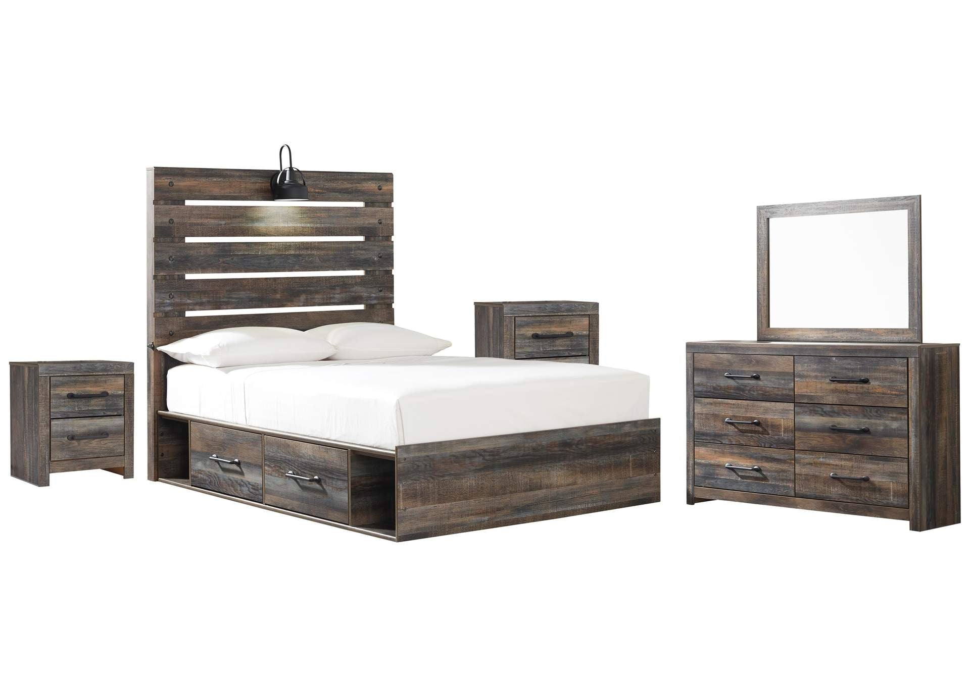 Drystan Full Panel Bed with 2 Storage Drawers with Mirrored Dresser and 2 Nightstands