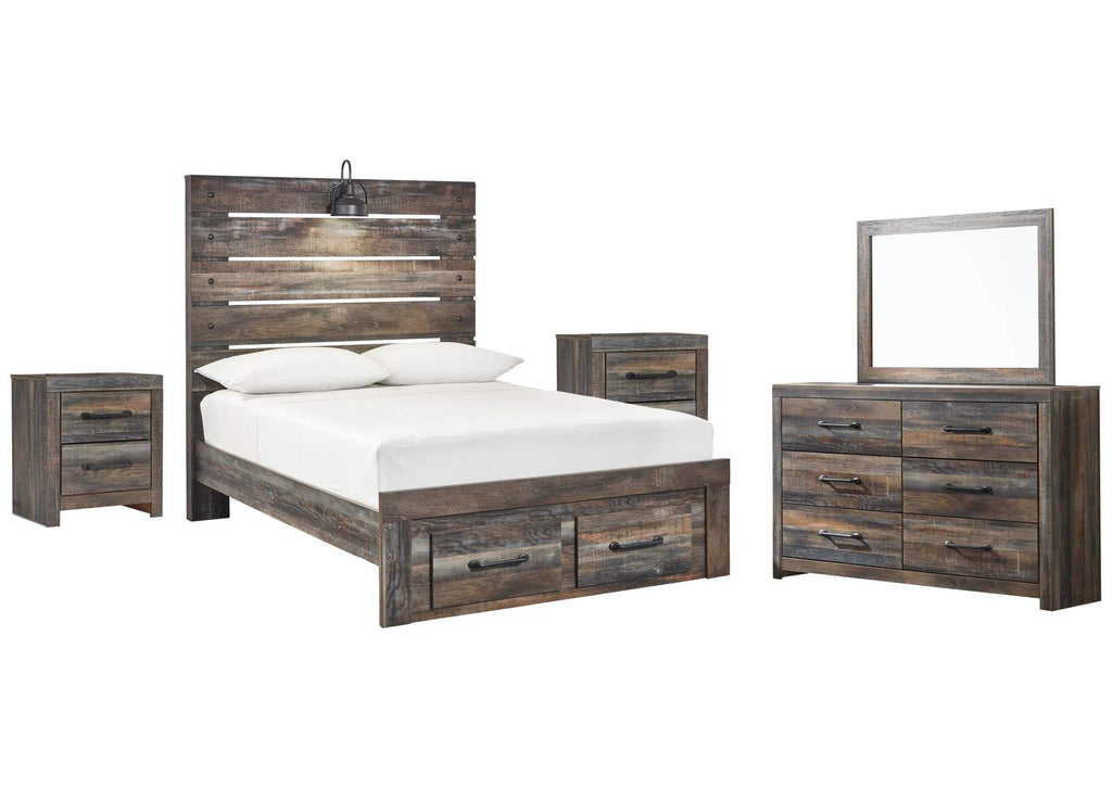 Drystan Full Panel Bed with 2 Storage Drawers with Mirrored Dresser and 2 Nightstands