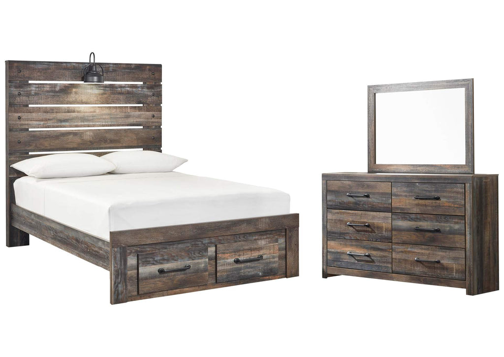Drystan Full Panel Bed with 2 Storage Drawers with Mirrored Dresser