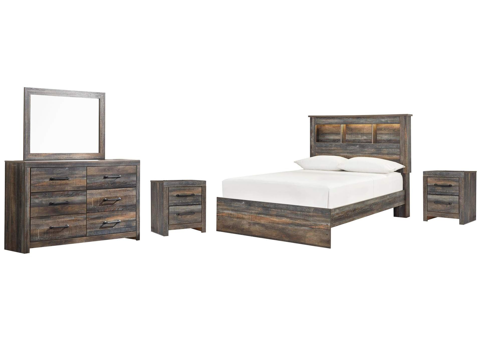 Drystan Full Bookcase Bed with Mirrored Dresser and 2 Nightstands
