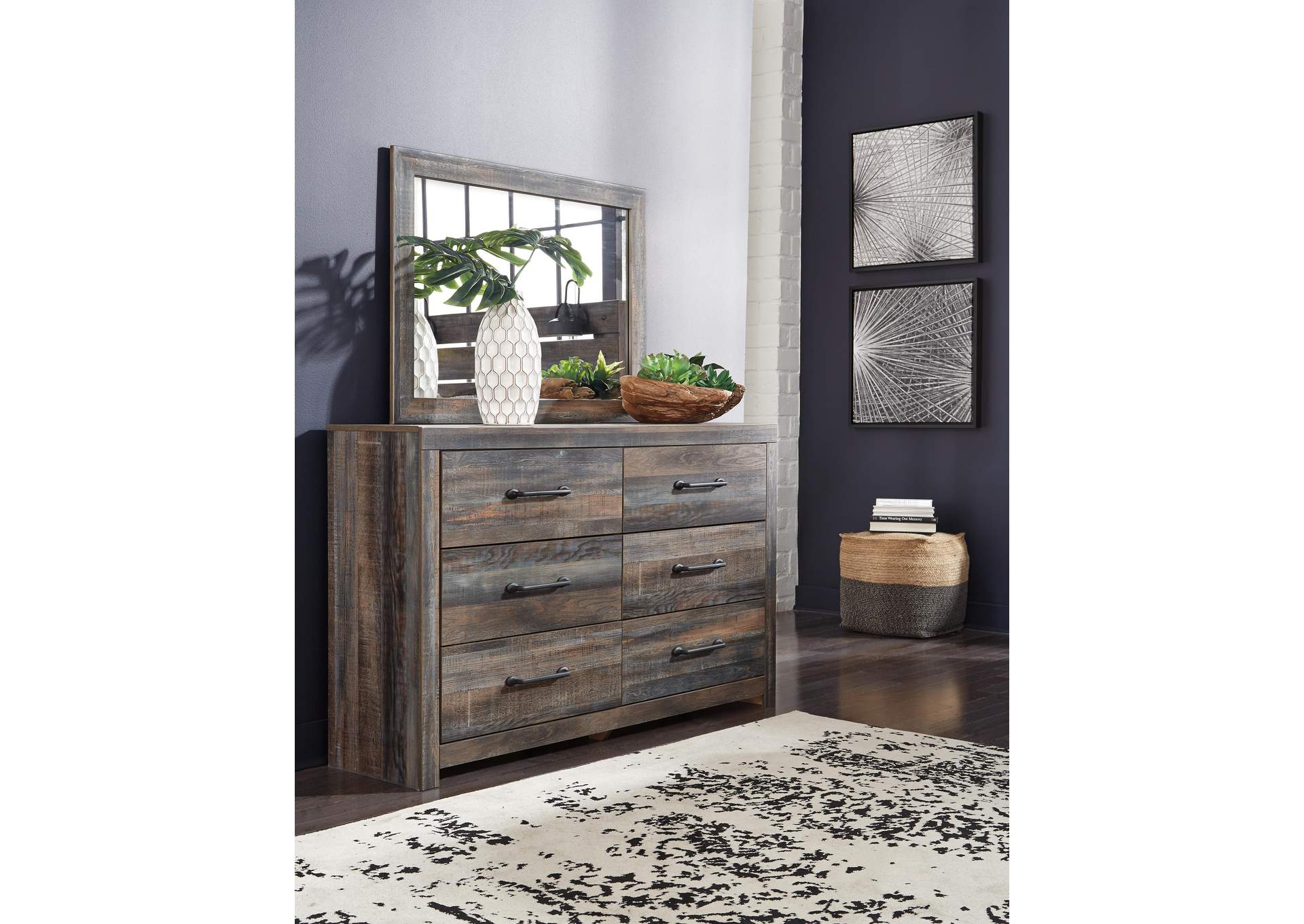 Drystan King Bookcase Bed with 4 Storage Drawers with Mirrored Dresser and 2 Nightstands