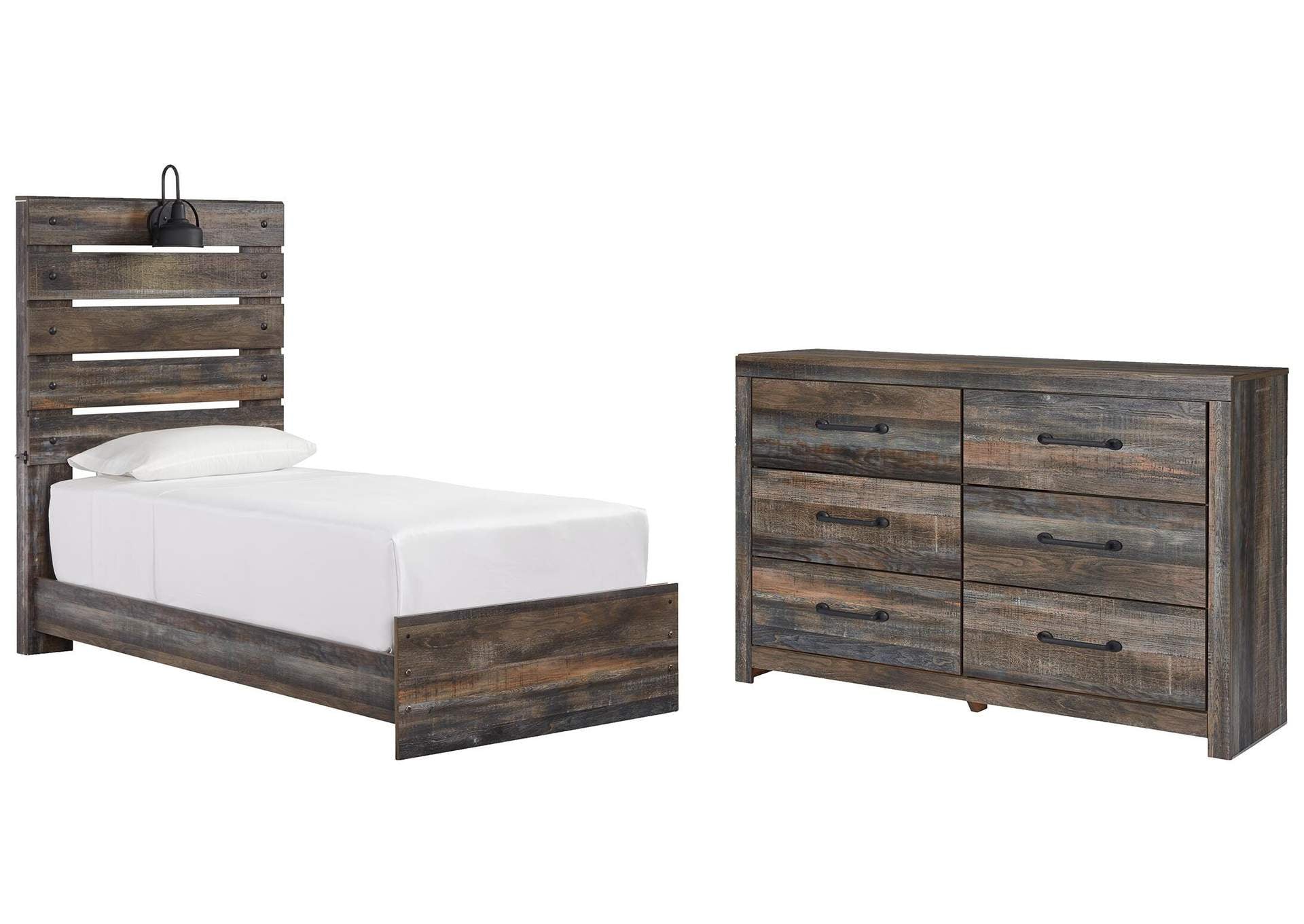 Drystan Twin Panel Bed with Dresser angled view