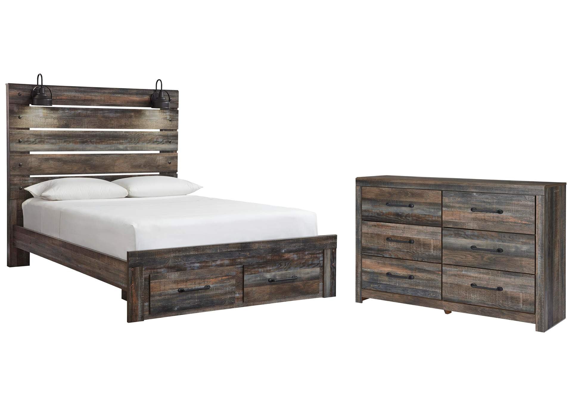 Drystan Queen Panel Bed with 2 Storage Drawers with Dresser