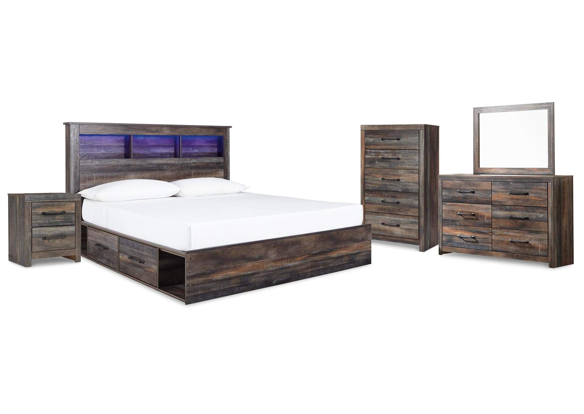 Drystan King Bookcase Bed with 4 Storage Drawers with Mirrored Dresser and 2 Nightstands