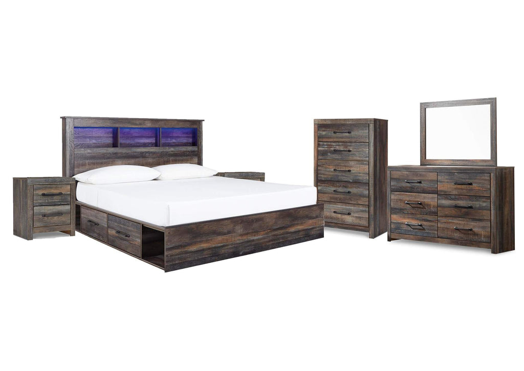 Drystan King Bookcase Bed with 4 Storage Drawers with Mirrored Dresser, Chest and 2 Nightstands