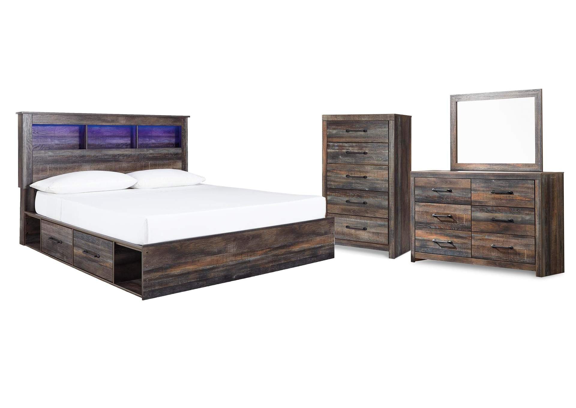 Drystan King Bookcase Bed with 4 Storage Drawers with Mirrored Dresser and Chest