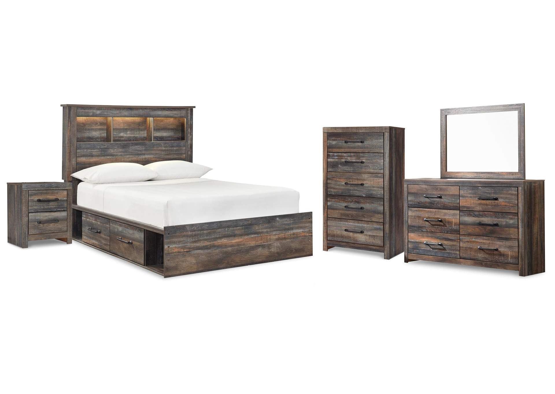 Drystan Full Bookcase Bed with 4 Storage Drawers with Mirrored Dresser, Chest and Nightstand