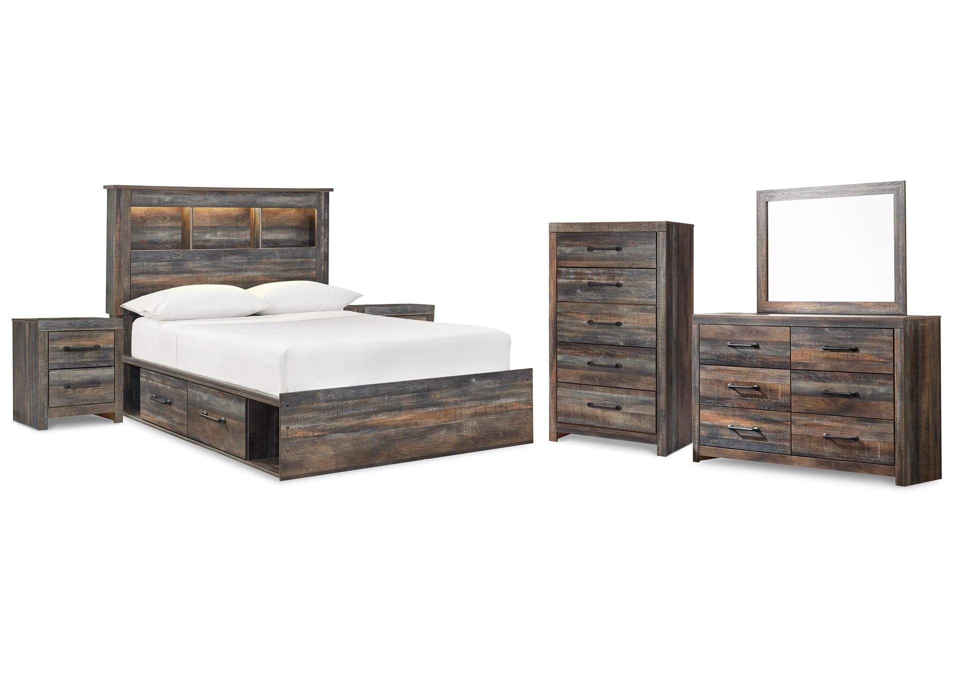 Drystan Full Bookcase Bed with 4 Storage Drawers with Mirrored Dresser, Chest and 2 Nightstands