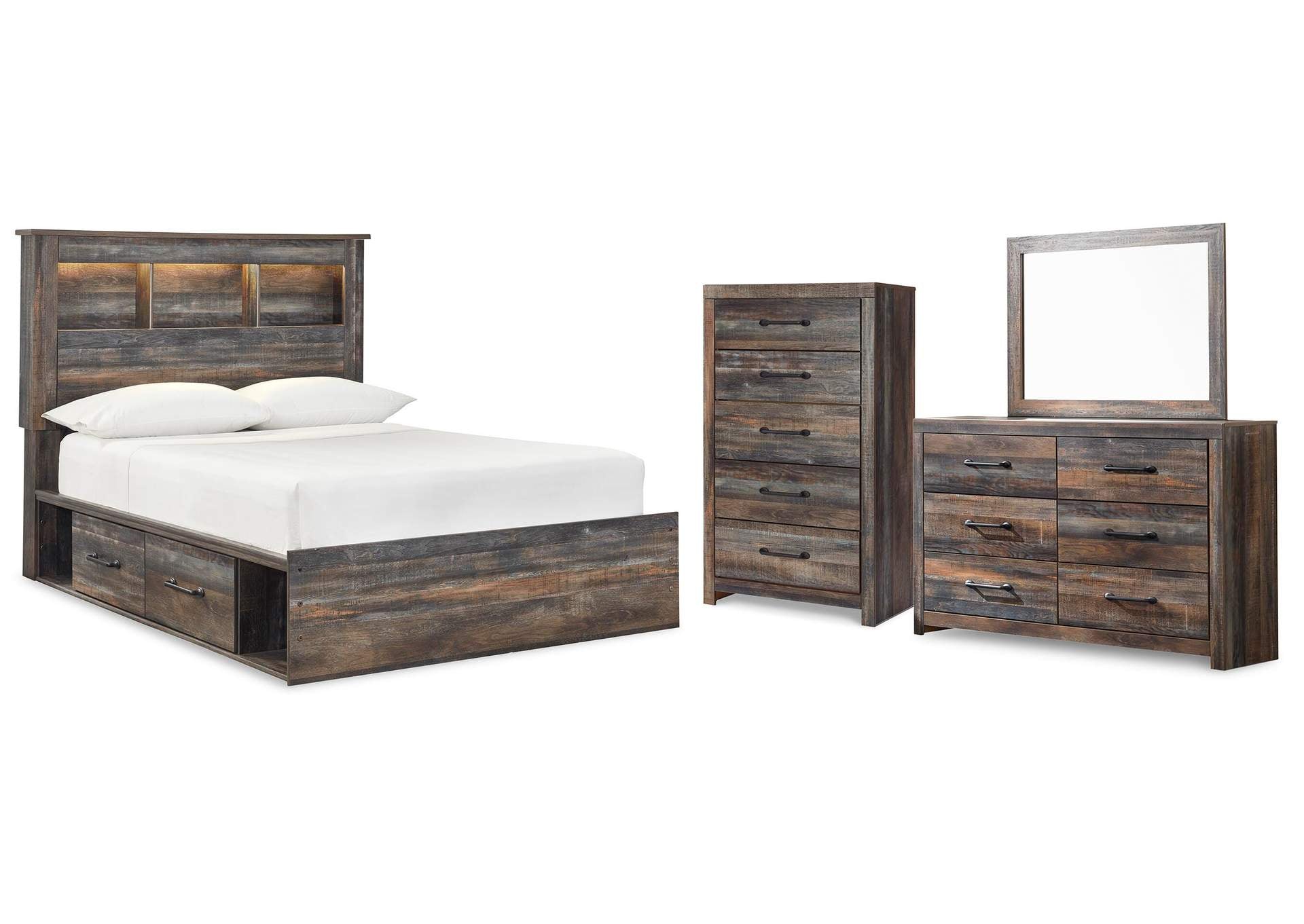 Drystan Full Bookcase Bed with 4 Storage Drawers with Mirrored Dresser and Chest