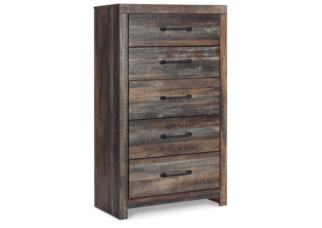 Drystan King Bookcase Bed with 4 Storage Drawers with Mirrored Dresser and Chest angled view