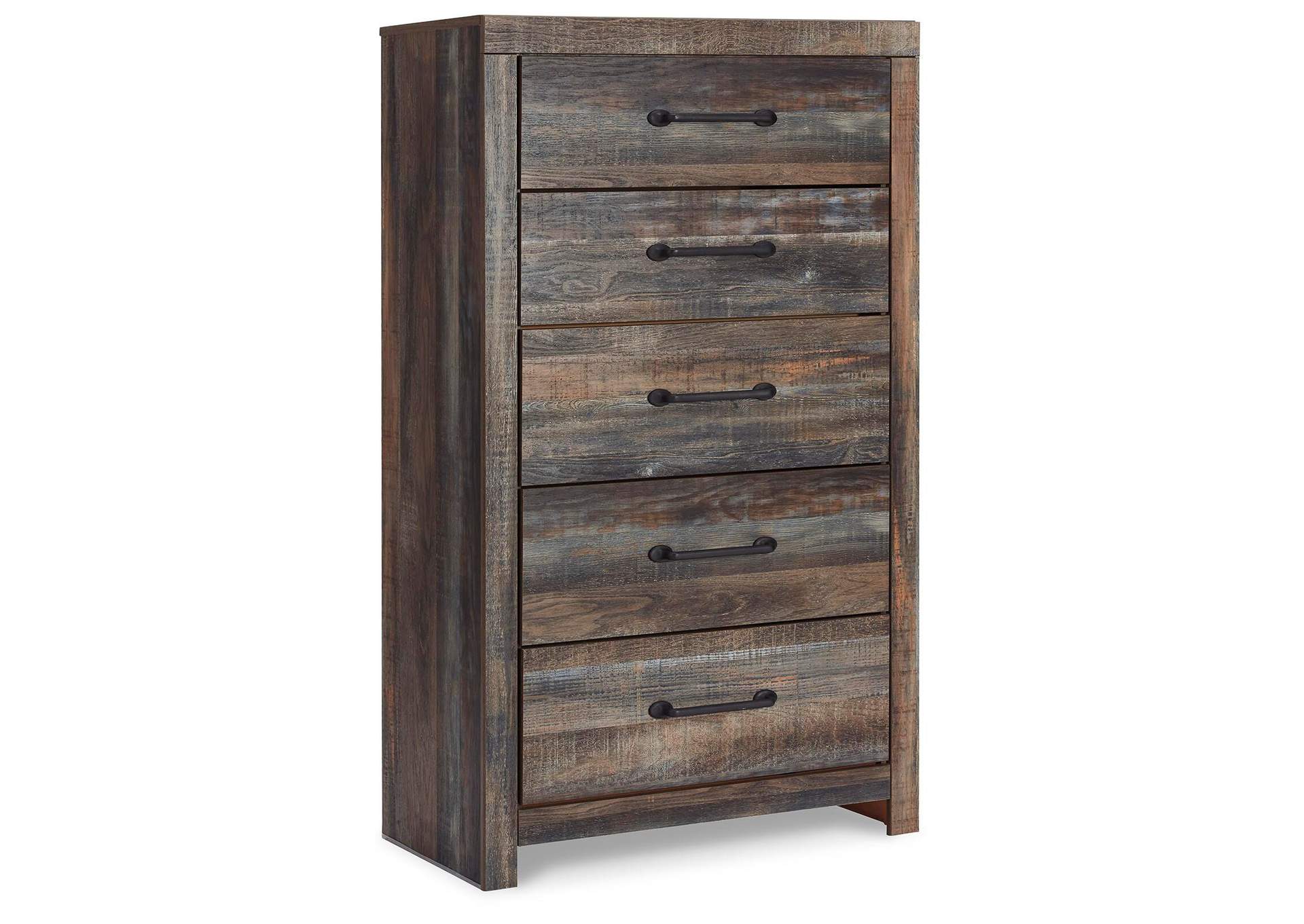 Drystan Queen Bookcase Bed with 2 Storage Drawers with Mirrored Dresser, Chest and Nightstand angled view