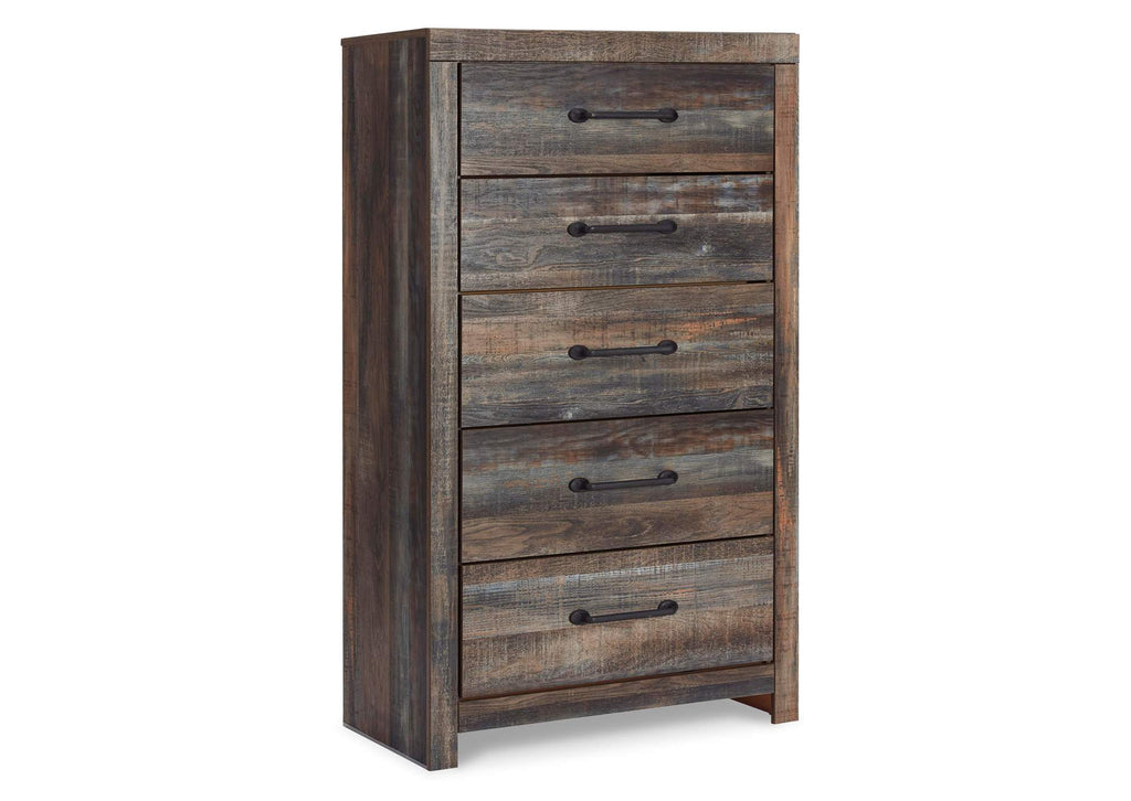 Drystan Queen Bookcase Bed with 2 Storage Drawers with Mirrored Dresser and Chest angled view