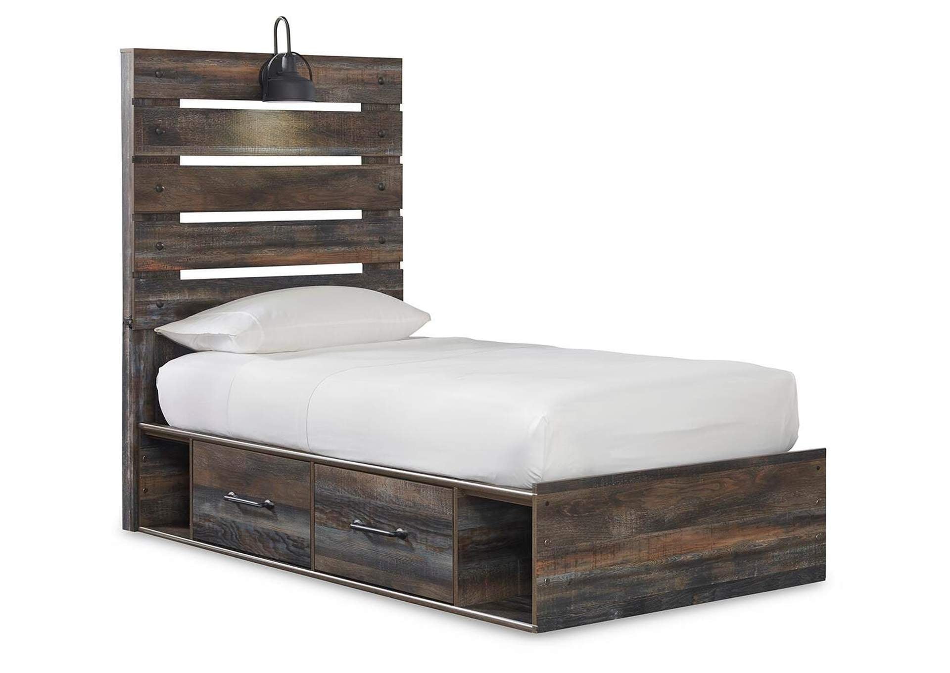Drystan Twin Panel Bed with 4 Storage Drawers with Mirrored Dresser, Chest and Nightstand angled view