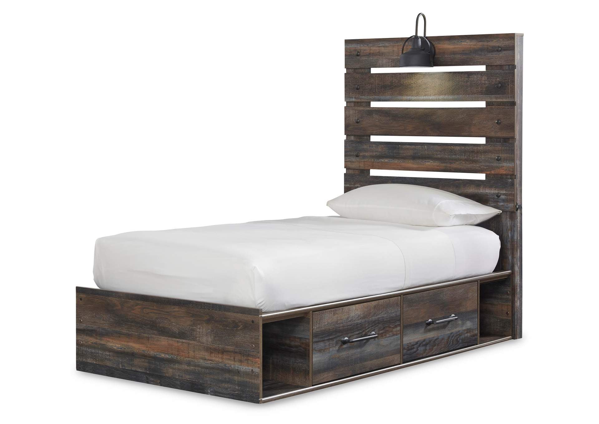 Drystan Twin Panel Bed with 4 Storage Drawers with Mirrored Dresser angled view