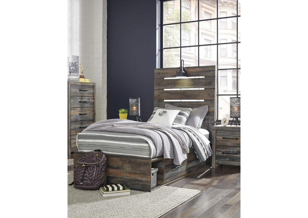 Drystan Twin Panel Bed with 4 Storage Drawers with Mirrored Dresser