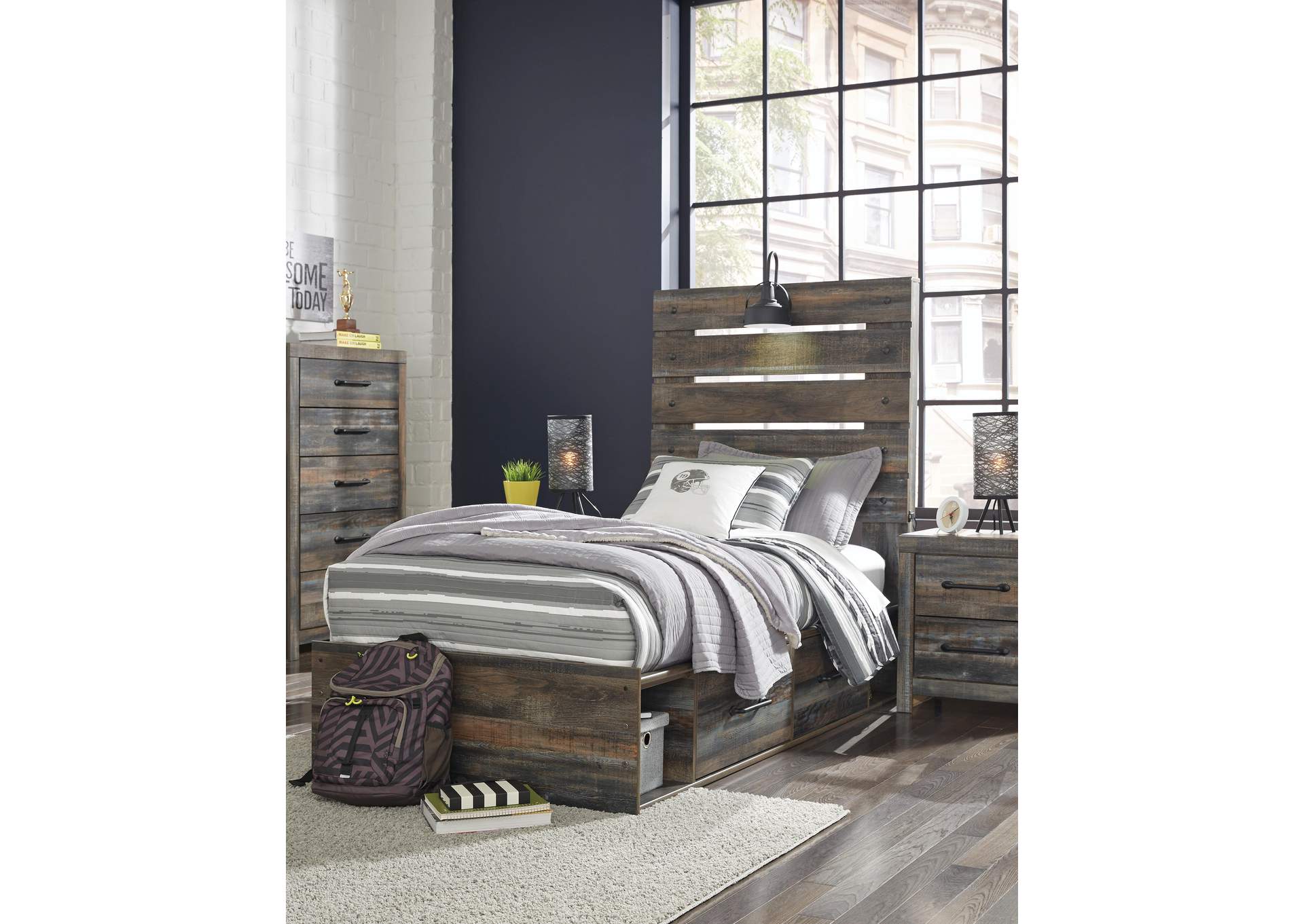 Drystan Twin Panel Bed with 4 Storage Drawers with Mirrored Dresser