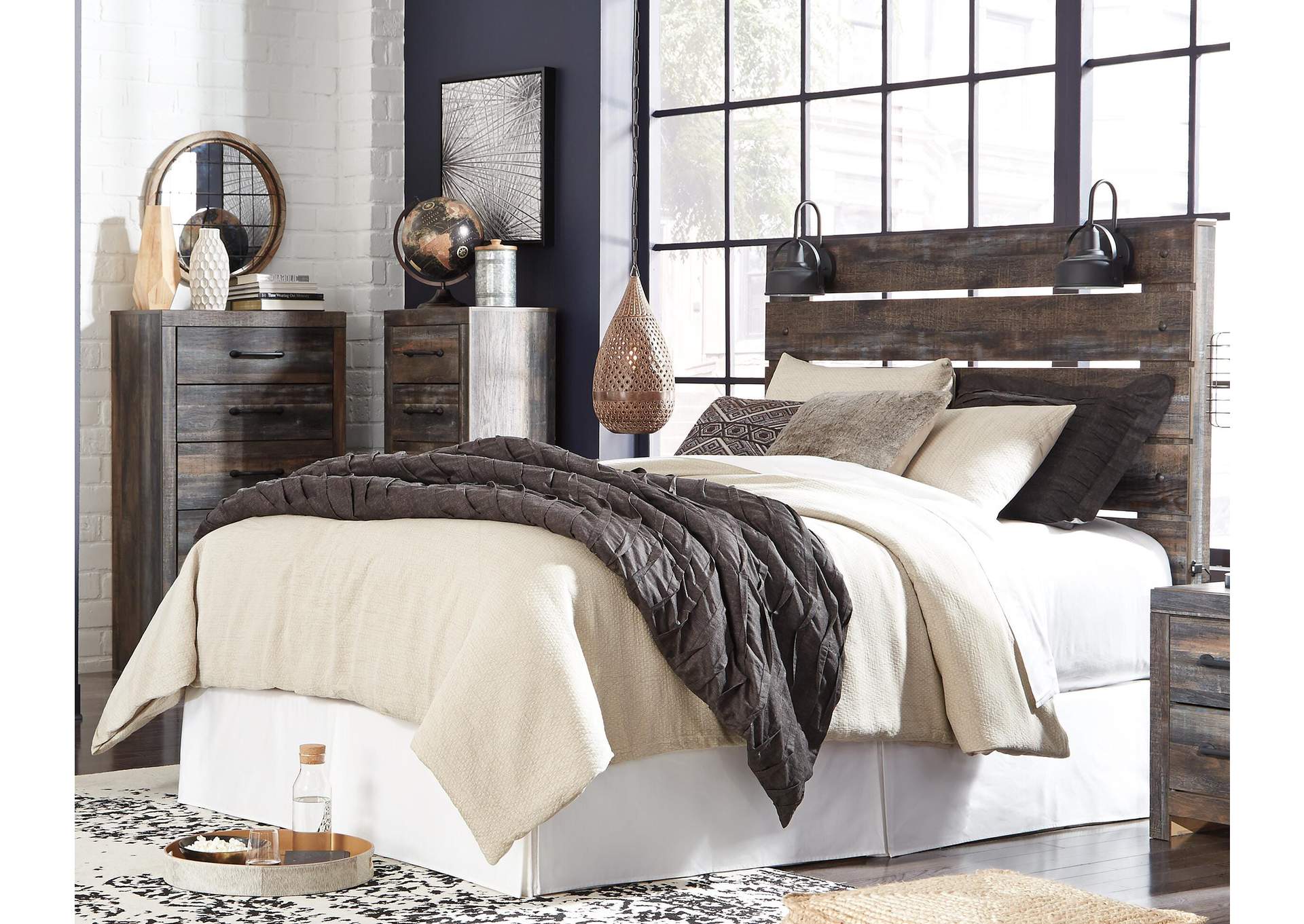 Drystan Queen Panel Headboard Bed with Mirrored Dresser room view