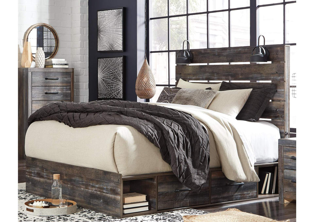 Drystan Queen Panel Bed with 4 Storage Drawers with Mirrored Dresser and Chest room view