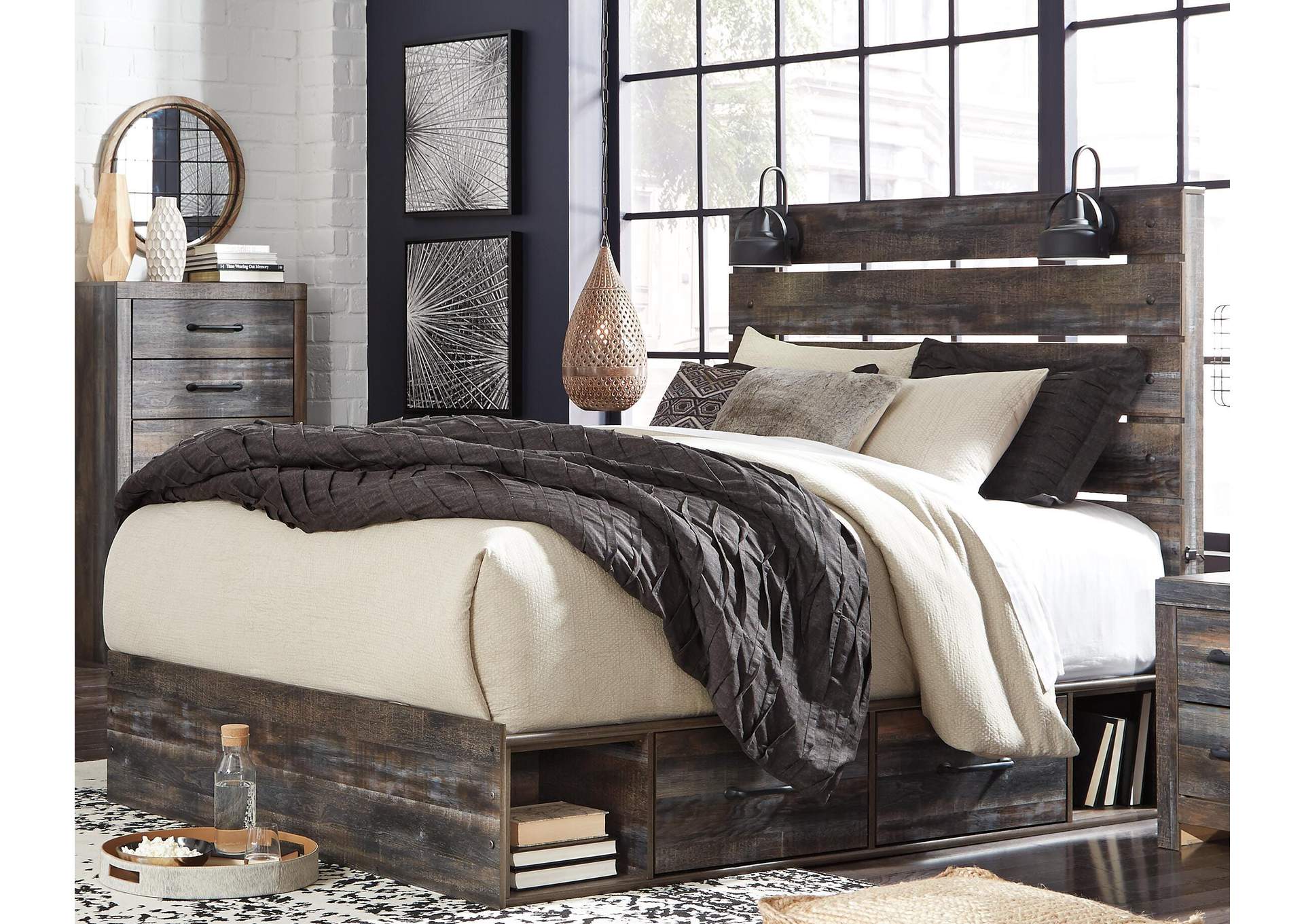 Drystan Queen Panel Bed with 2 Storage Drawers with Mirrored Dresser, Chest and Nightstand room view
