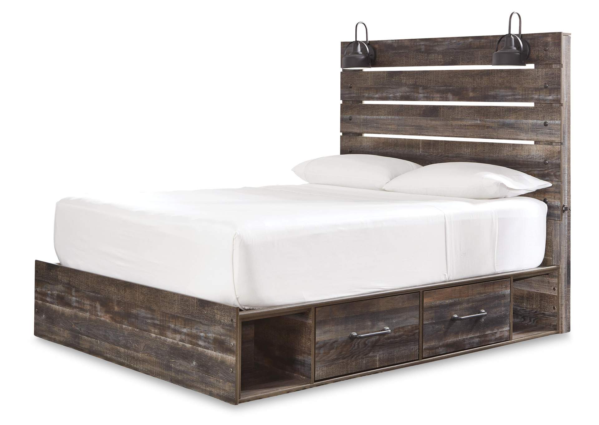 Drystan Queen Panel Bed with 4 Storage Drawers with Mirrored Dresser angled view