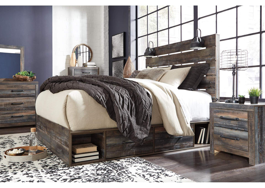 Drystan Twin Panel Bed with 2 Storage Drawers with Mirrored Dresser