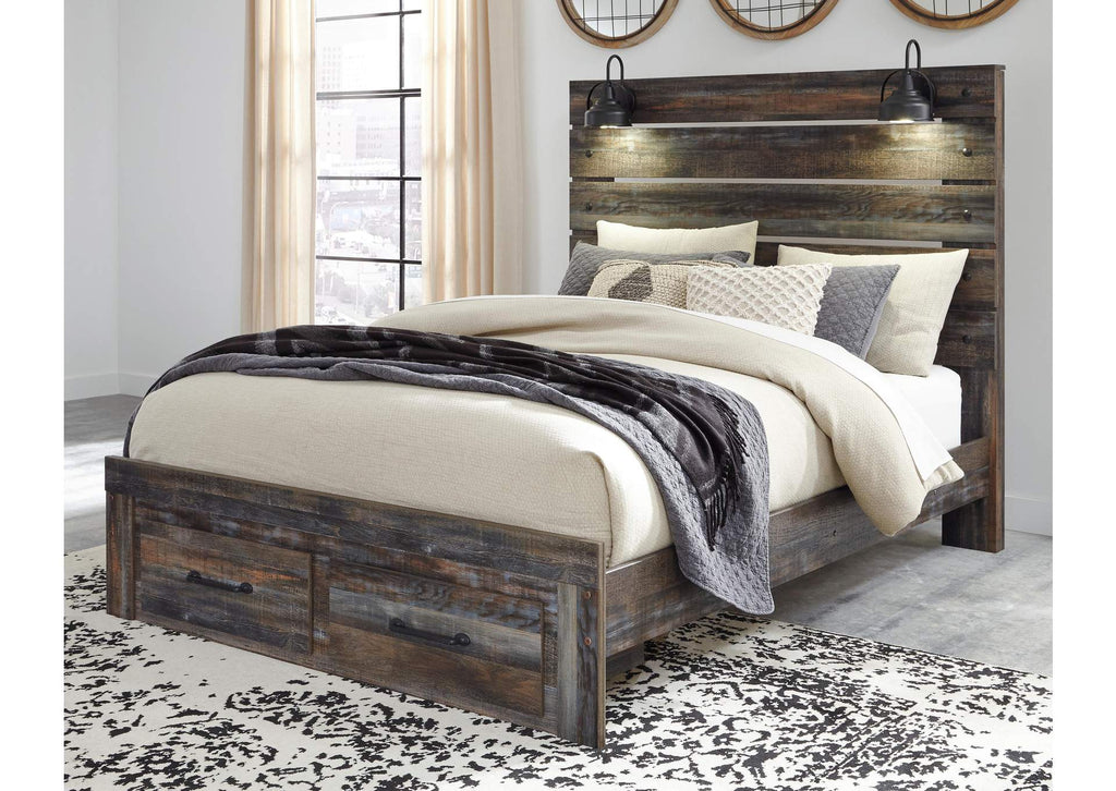 Drystan Queen Panel Bed with 2 Storage Drawers with Mirrored Dresser room view