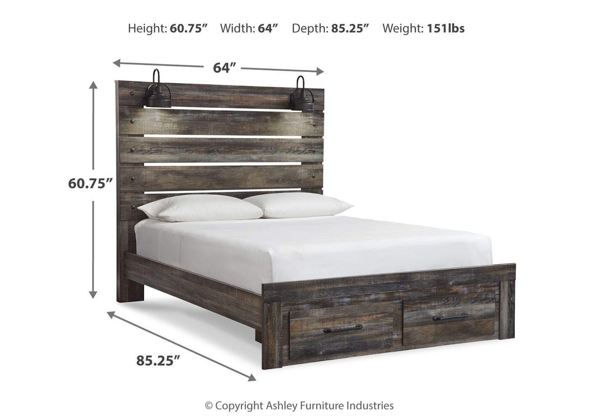 Drystan Queen Panel Bed with 2 Storage Drawers with Mirrored Dresser dimensions