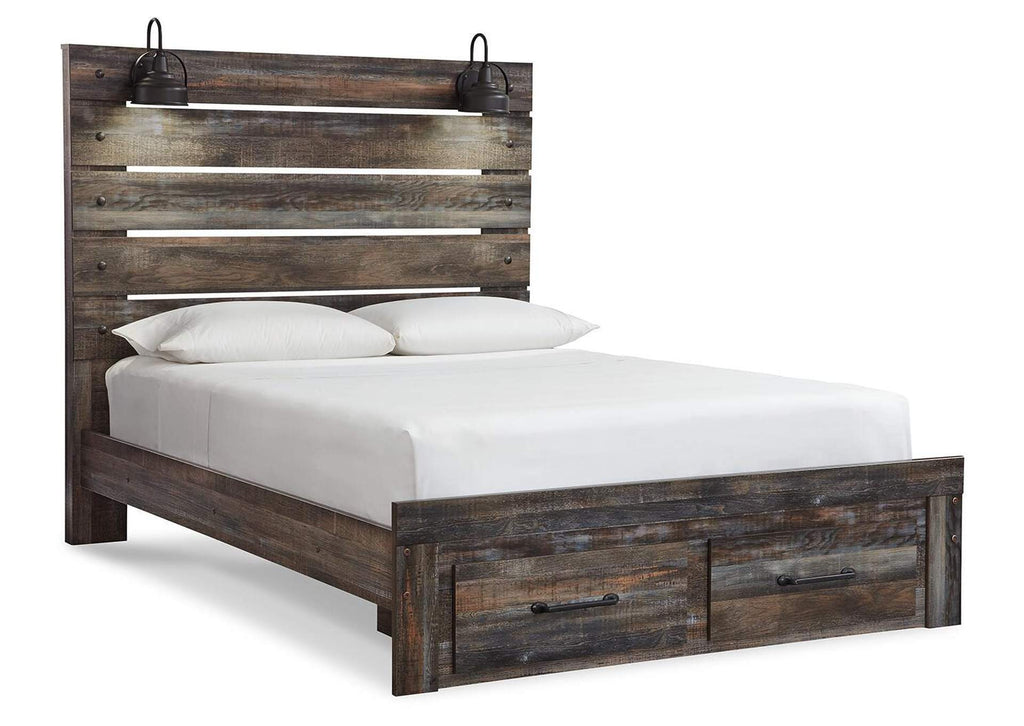 Drystan Queen Panel Bed with 2 Storage Drawers with Mirrored Dresser and 2 Nightstands