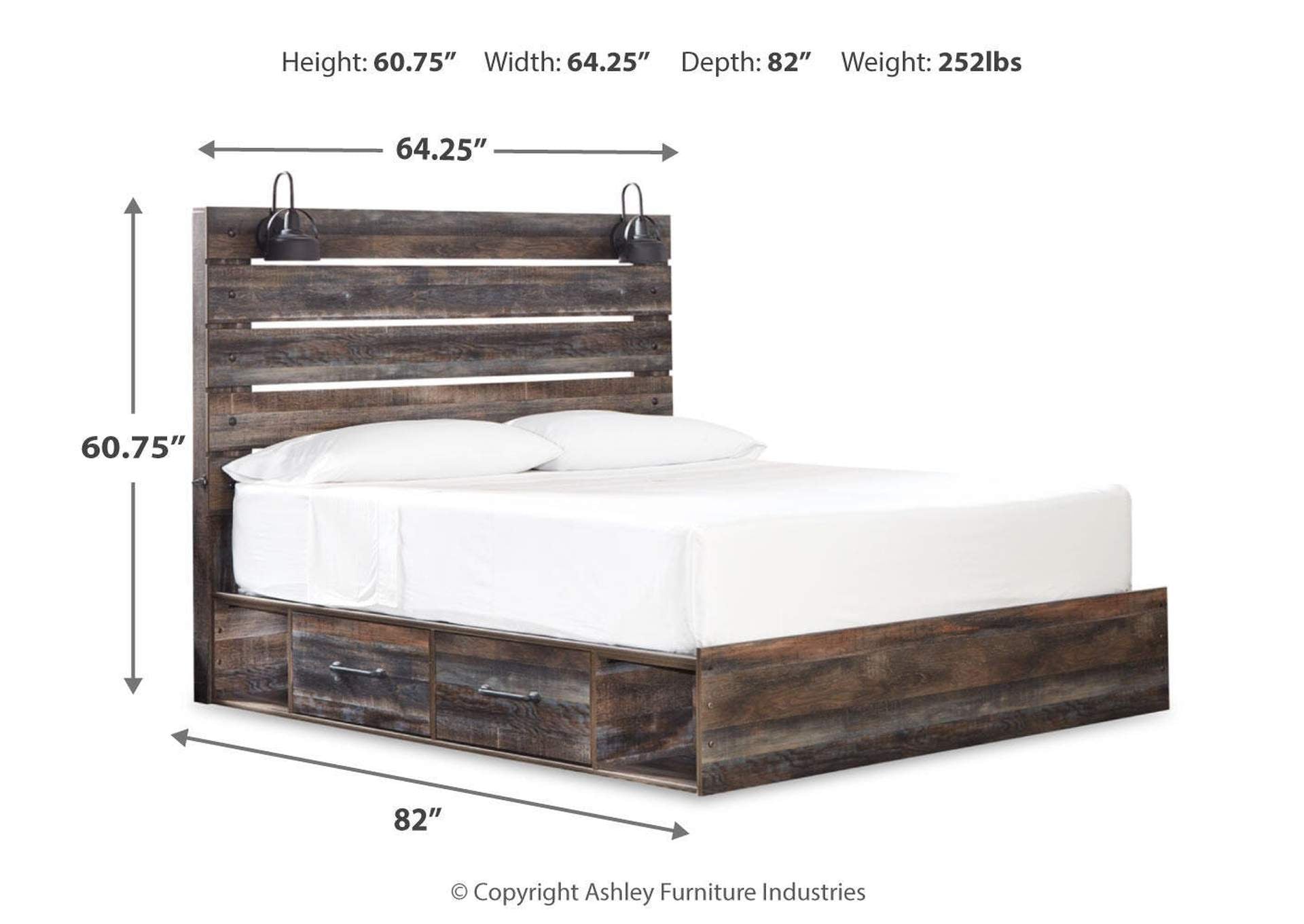 Drystan King Panel Bed with 4 Storage Drawers with Mirrored Dresser and 2 Nightstands dimensions