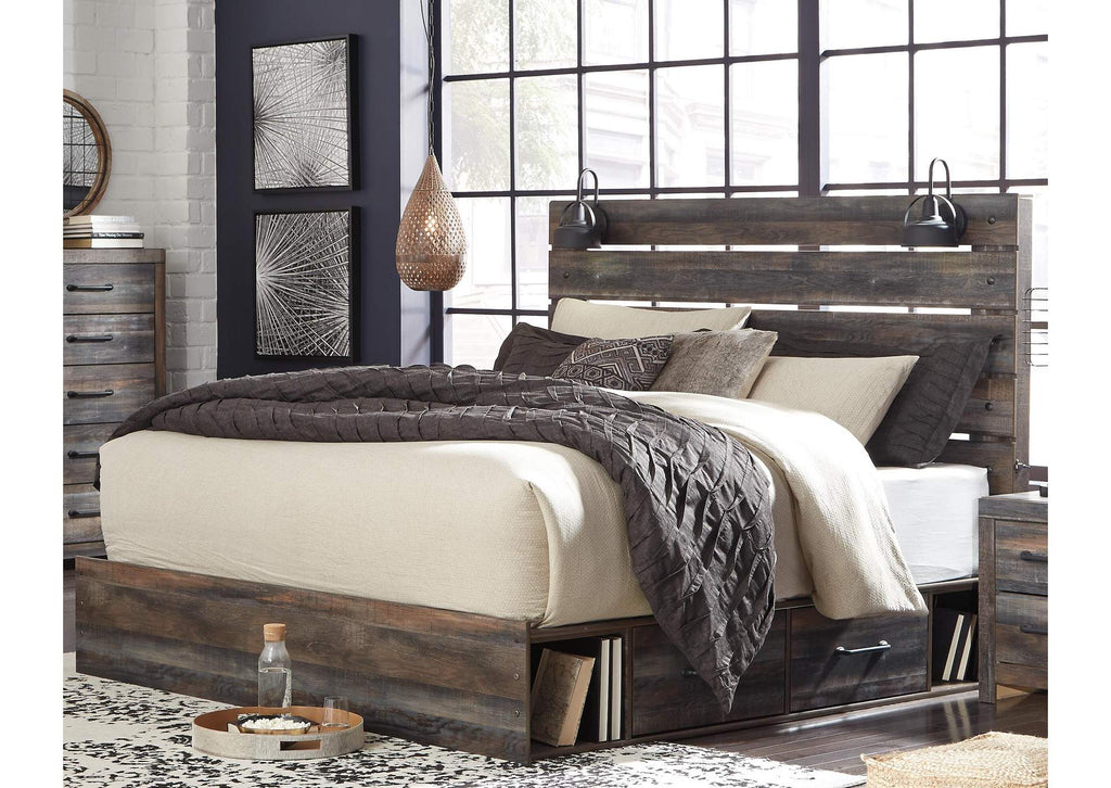 Drystan King Panel Bed with 2 Storage Drawers, Dresser, Mirror, Chest and 2 Nightstands room view